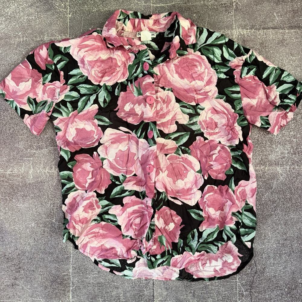 Women's Vintage 80's Cabrais Pink Black Floral Button Up Blouse Polo Shirt Sz XL